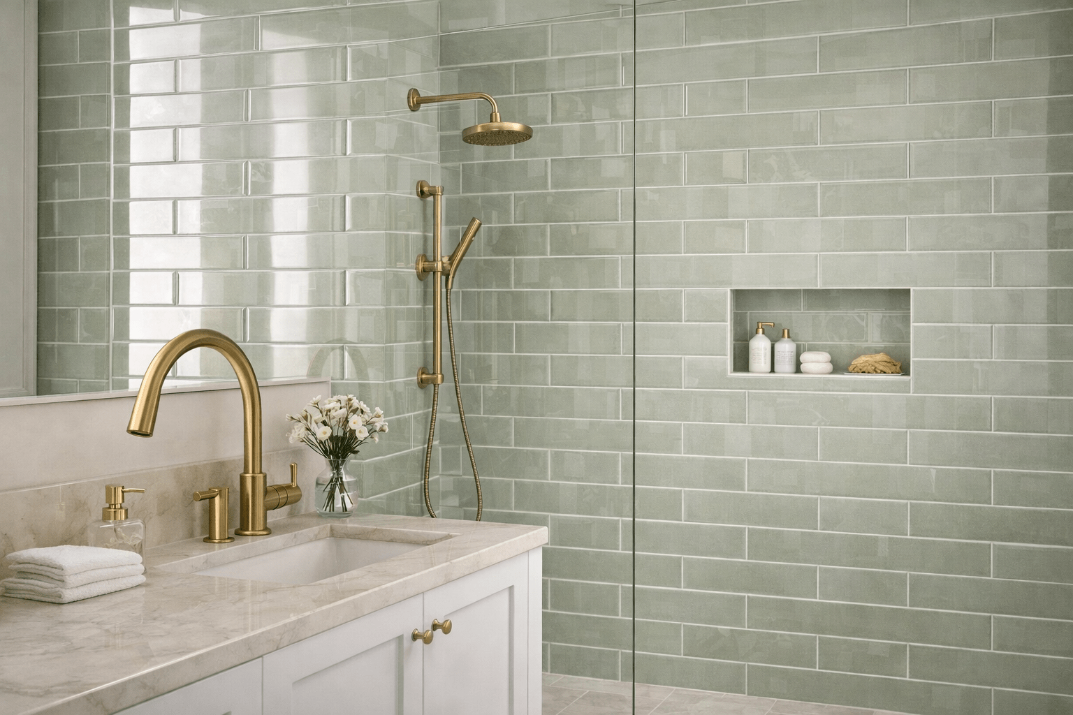 Modern bathroom with sage tiles and brass accents Modern bathroom with sage tiles and brass accents