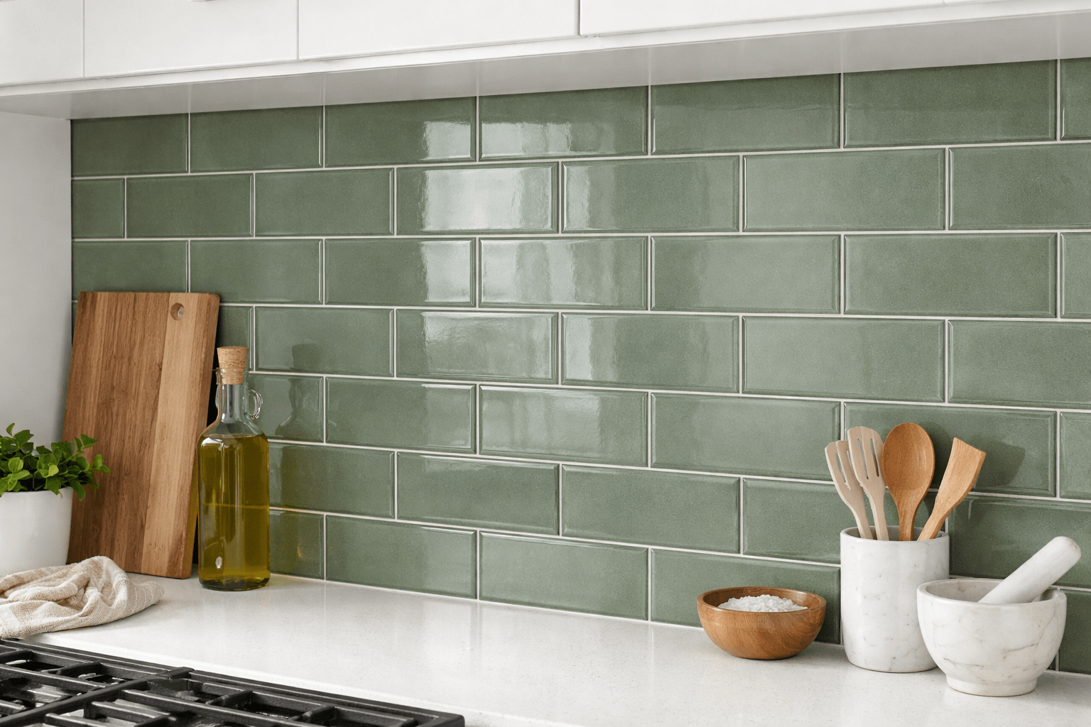 Modern kitchen with green tile backsplash Modern kitchen with green tile backsplash