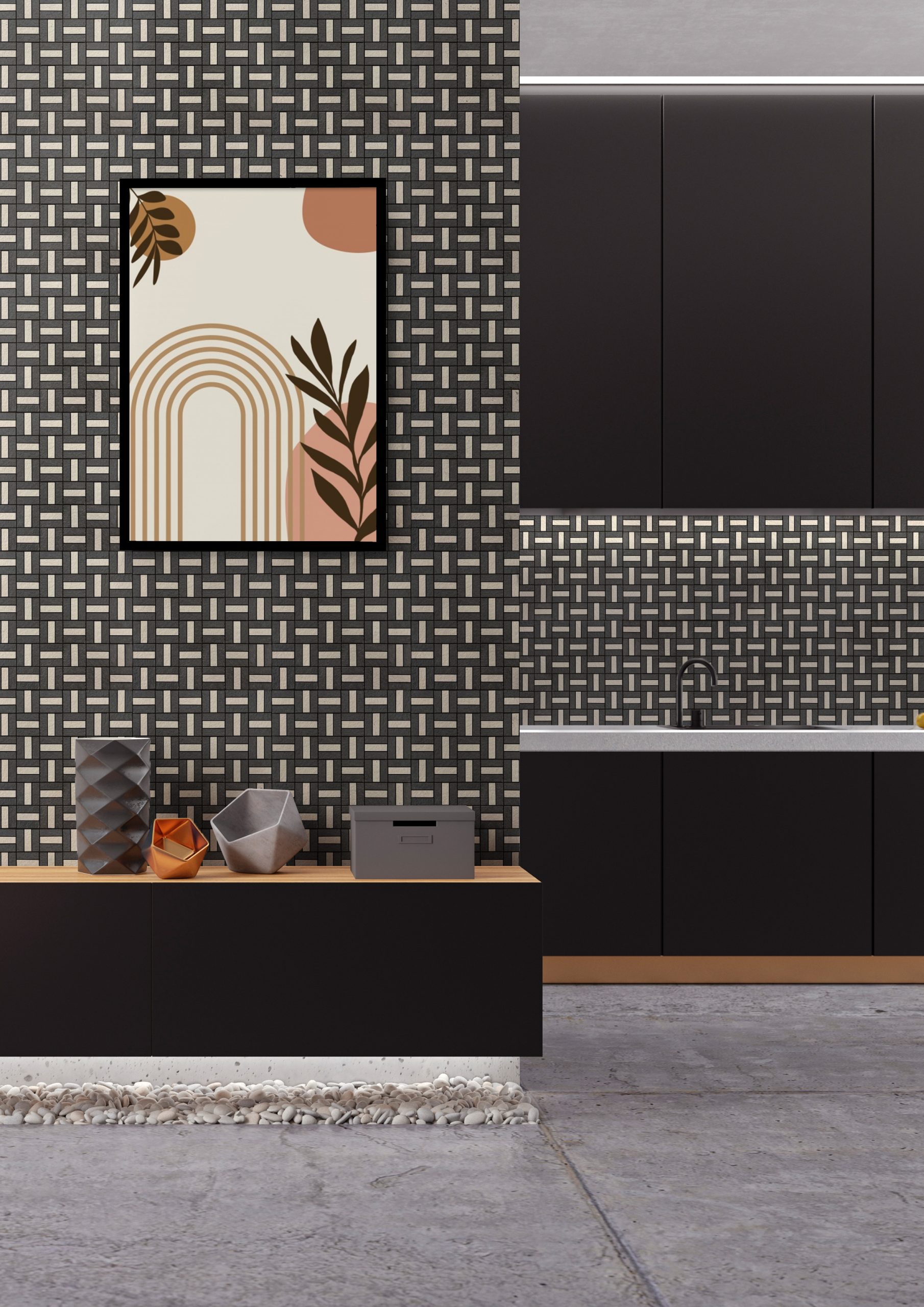 Metro Black Beige Texture Parquet Kitchen Room Mockup Metro Black Beige Texture Parquet Kitchen Room Mockup