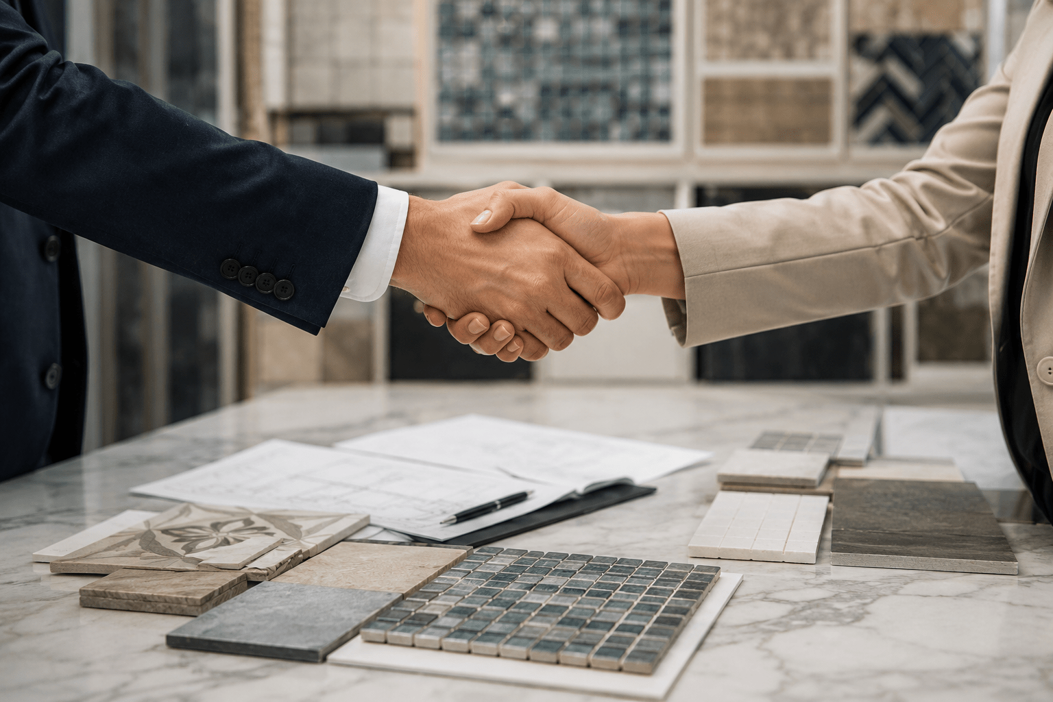 Unique Design Solutions working with an authorized tile dealer to review custom tile samples, materials, and project specifications.
