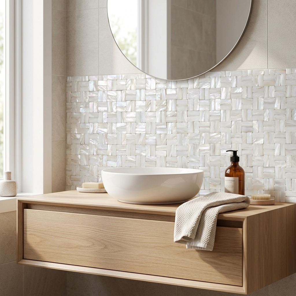 500-204 Coastal Basketweave – Super White_Bathroom Scene 2 500-204 Coastal Basketweave – Super White_Bathroom Scene 2